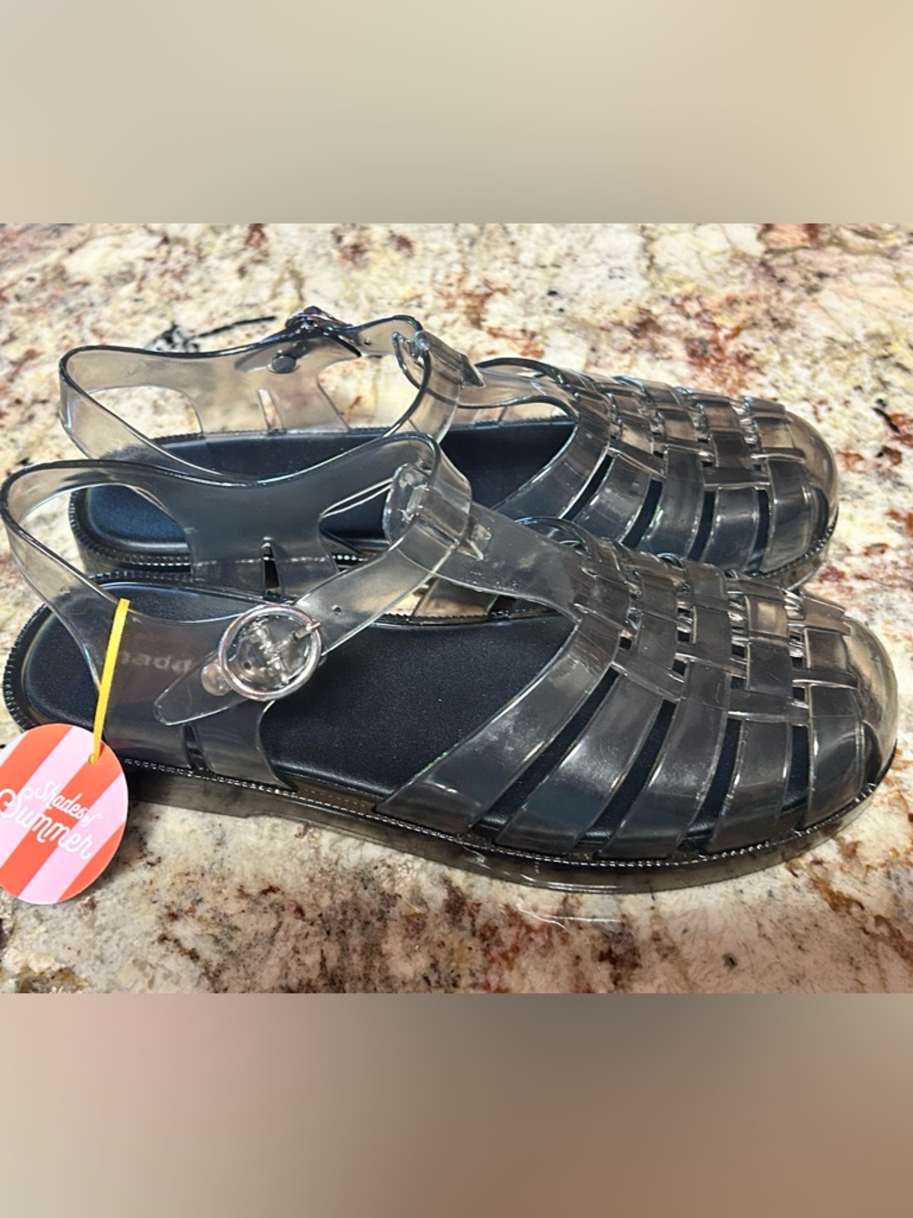 NWT Madden Girl Smoke Gray Clear Jelly Sandals Women 5 Black Insole Water shoes